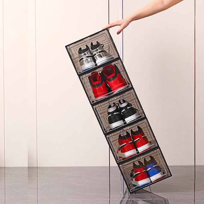 XXL Drop Front Shoe Storage Box Stackable, 8 Pack Shoe Display Case Fit US 15,Sneaker Storage Shoe Containers with Magnetic Door（8 PACK BLACK