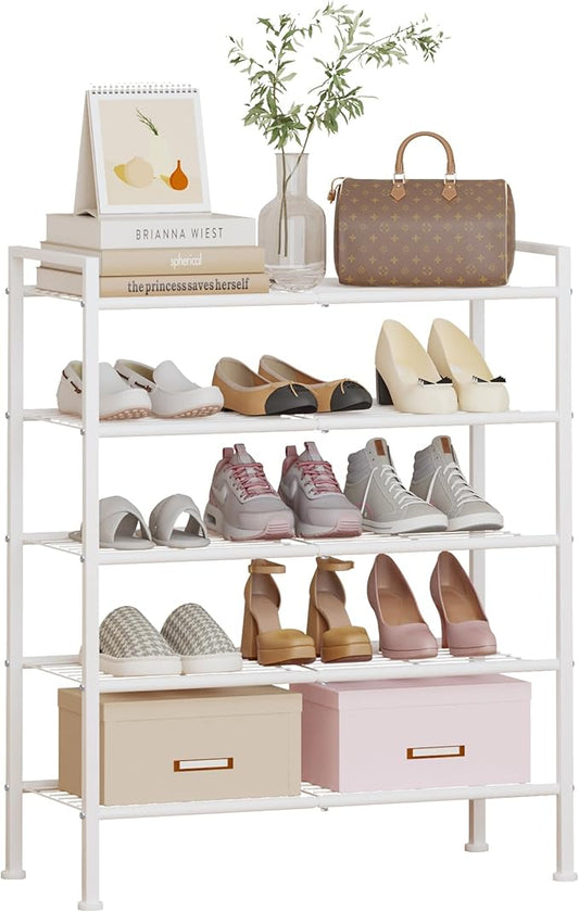 5 Tier Shoe Rack,Metal Stackable Shoe Storage Organizer Shelf for Closet,Entryway, Garage,Narrow Space(White, 5 Tier)