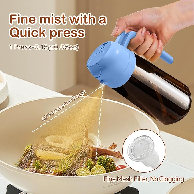 YARRAMATE 16oz/470ml Dark Brown Oil Sprayer for Cooking with Stickers, Food-grade Premium 2 in 1 Olive Oil Dispenser Bottle for Kitchen Gadgets, Air Fryer, Salad, Frying, BBQ (SkyBlue)