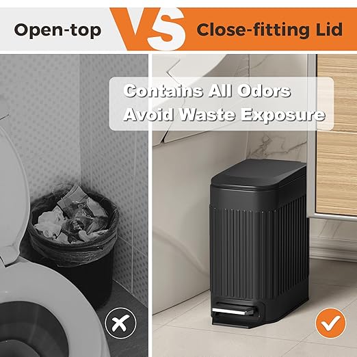 TrashAid Small Black Bathroom Trash Can with Lid Soft Close, 6 Liter / 1.6 Gallon, Stainless Steel Garbage Can with Removable Inner Bucket, Step Pedal, Slim Wastebasket for Toilet, Office, Bedroom