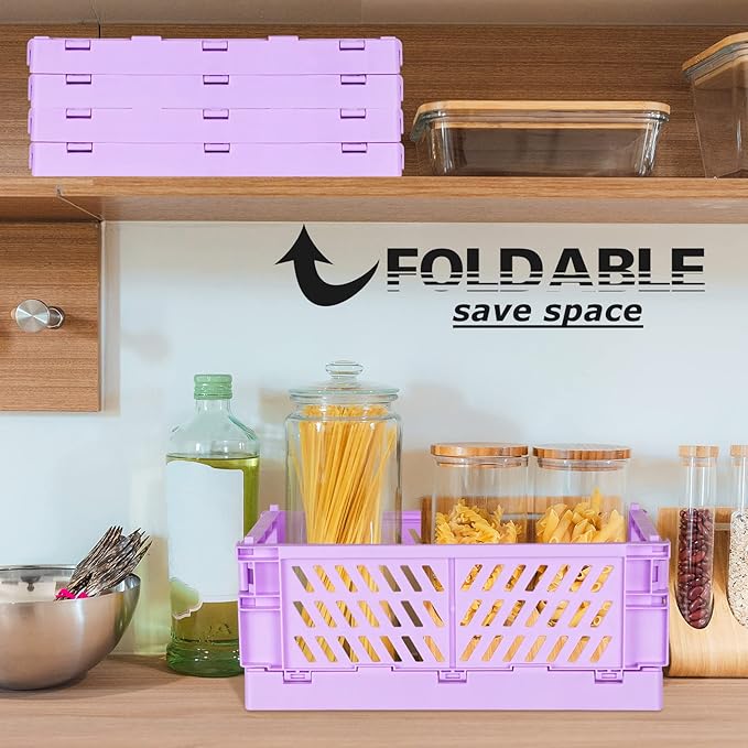 Tixill 2-Pack Mini Foldable Plastic Baskets for Organizing and Storage, Collapsible Storage Crate for Home Kitchen Bedroom Bathroom Office (9.8x6.5x3.8, Purple)