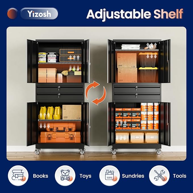 Yizosh Metal Garage Storage Cabinet with Locking Doors and Adjustable Shelves, 74" Rolling Tool Storage Cabinet with 4 Wheels and 2 Drawer for Garage,Warehouse
