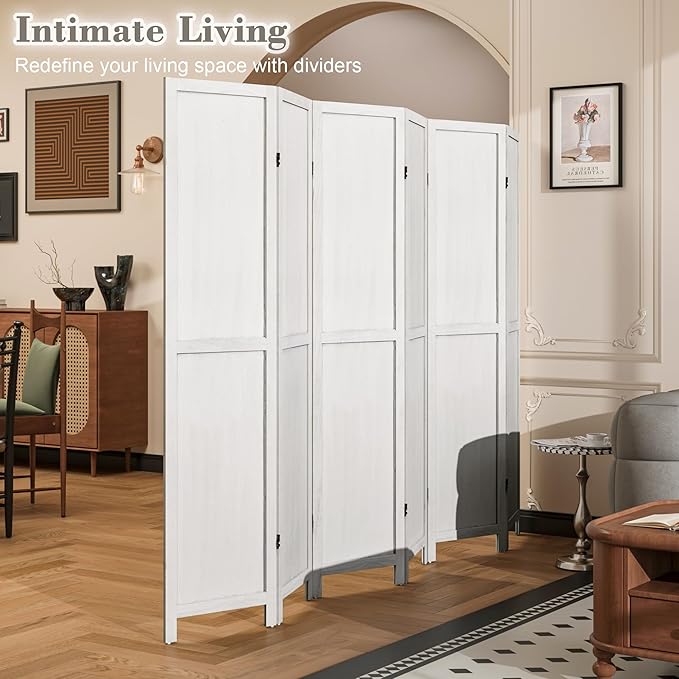 WelFurGeer 6 Panel Room Divider Screen - 360° Adjustable Folding Panels for Privacy, Bedroom, Living Room & Patio, Handcrafted Decorative Room Divider, Freestanding Divider for Room Separation (White)