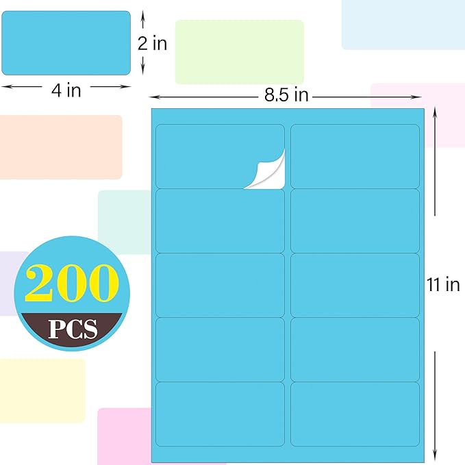 YSHIHE Colored Labels, 2" x 4", 8 Colors, 400 Labels, Permanent Adhesive, for Laser/Inkjet Printers