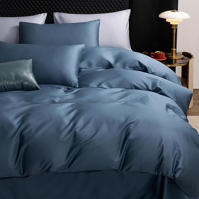 MooMee Queen Duvet Cover Set, 100% Extra Long Staple Cotton 600 Thread Count Sateen Silky Soft Breathable Durable Luxury Hotel Quality Bedding Set, 3 Pieces (Dark Blue, 90"x90")