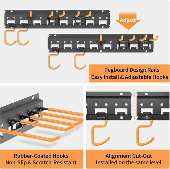 Garden Tool Organizer Wall Mount - Garage Storage and Organization Yard Tool Hanger with Adjustable Pegboard Hooks Shed Rack for Broom Mop Shovel Rake Trimmers, 48 inch Max 550lbs, Black