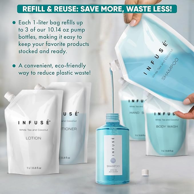 1 Liter Shampoo Refill Bag For Soap Dispensers | Bulk Toiletries for Vacation Rentals, and Home Bathroom Showers | White Tea and Coconut | Set of 12