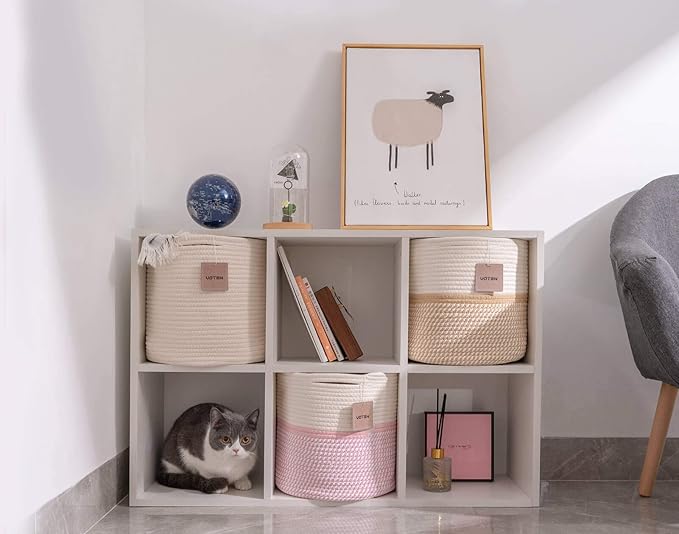 voten Cube Storage Baksets Bins 11x11’’ Fit 12x12’’ Organizer Bookcases Shelving,Stylish&Durable Woven Cotton Basket Containers for Organizing 3-Pack Off White/Mixed Camel