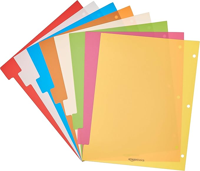 Amazon Basics 8-Tab Plastic Binder Divider with Multicolor Tab Label for 3 Ring Binder, Letter Size, 48 Sets