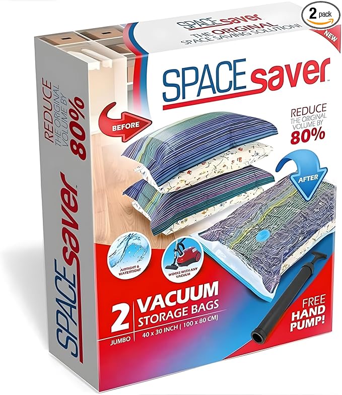 Spacesaver 2 Pack Jumbo Vacuum Storage Bags for Blankets & Clothes – Jumbo Vacuum Sealed Compression Bags with Hand Pump – Space Saver Storage Bags for Bedding, Moving, Travel & Organization