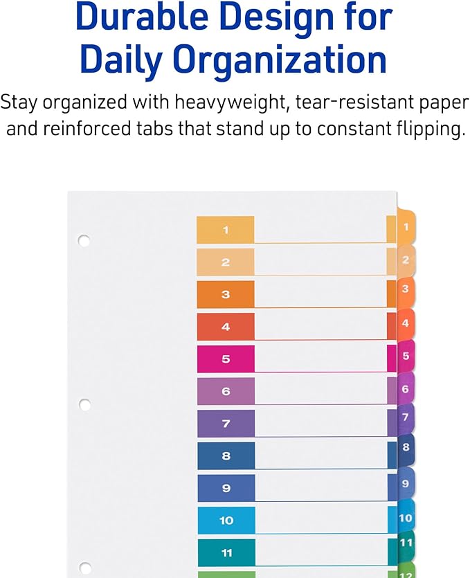 Avery Dividers for 3 Ring Binders, 12 Tabs per Set, Customizable Table of Contents, Multicolor Tabs, Great for Organizing Reports, Projects, and More (11141)