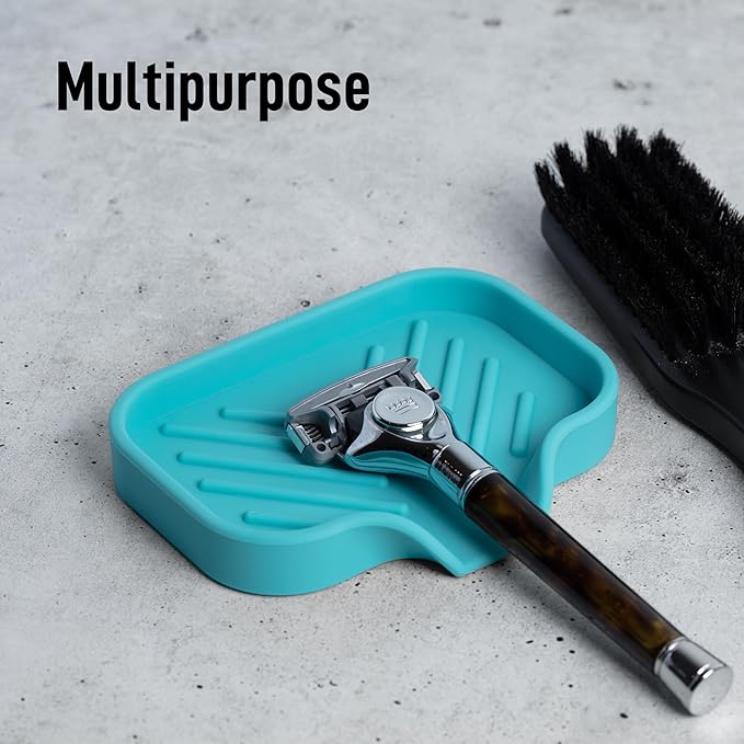 Zulay Kitchen Small Silicone Sponge Holder (4.9x3.3”) – Space-Saving Sink Organizer Tray for Sponge, Soap, Brush & More – Compact Non-Slip Dish for Kitchen & Bathroom (Aqua Sky)