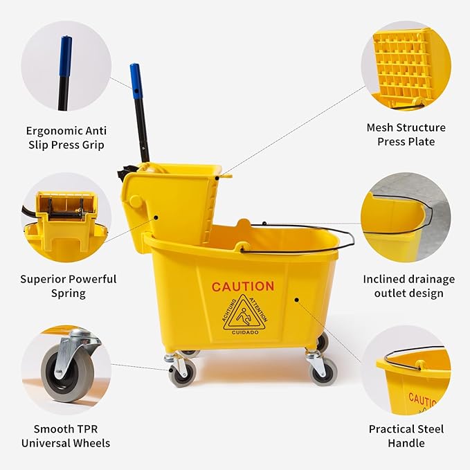 35 Quarts Commercial Mop Bucket with Side-Press Wringer for Floor Cleaning, Yellow, Including One Commercial Mop