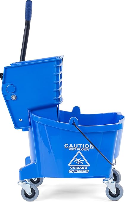 Carlisle FoodService Products 26-Quart Commercial Mop Bucket with Side-Press Wringer, Precision-Molded Polypropylene, Durable Wringer, Bucket with Non-Marking Casters, 18.5 x 16.5 x 23 Inches, Blue
