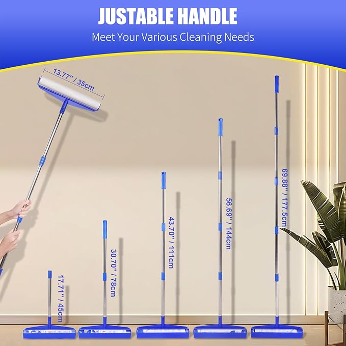 COBETE 13.77" Large Extra Sticky Lint Roller, 69.88" Long Handle Lint Remover with 6 Rollers for Clothes, Cat Dog Pet Hair, Furniture, Couch, Carpet, Floor，Painted Wall Cleaner Mop Dust Cleaning