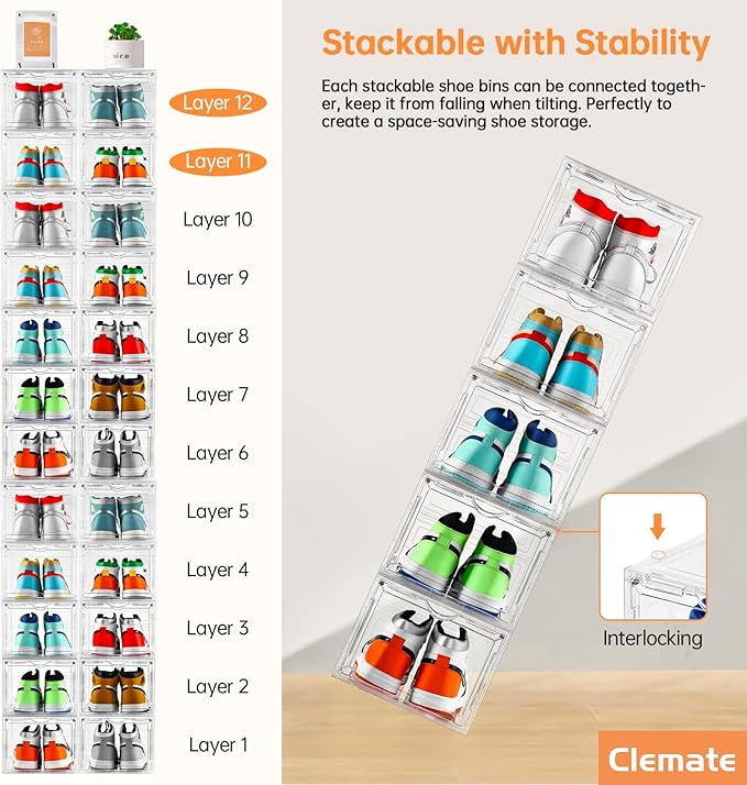 Clemate Upgraded X-Large Shoe Organizer,Shoe Storage Organizer,12 Pack,Shoe Box Clear Plastic Stackable,Drop Front Shoe Box with Clear Door, Shoe Containers For Sneaker Display,Fit up to US Size13