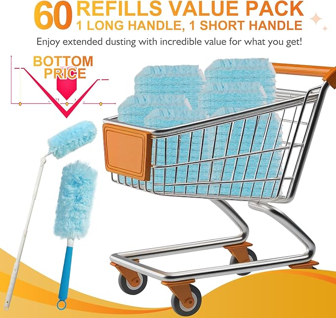 Thickened 60ct 360° Heavy Duty Duster Refills Kit for Swiffer Duster, 4X Dust Capture Power, Multisurface Disposable Dusters for Cleaning Home & Office, 1 3ft Extended & 1 Short Handle