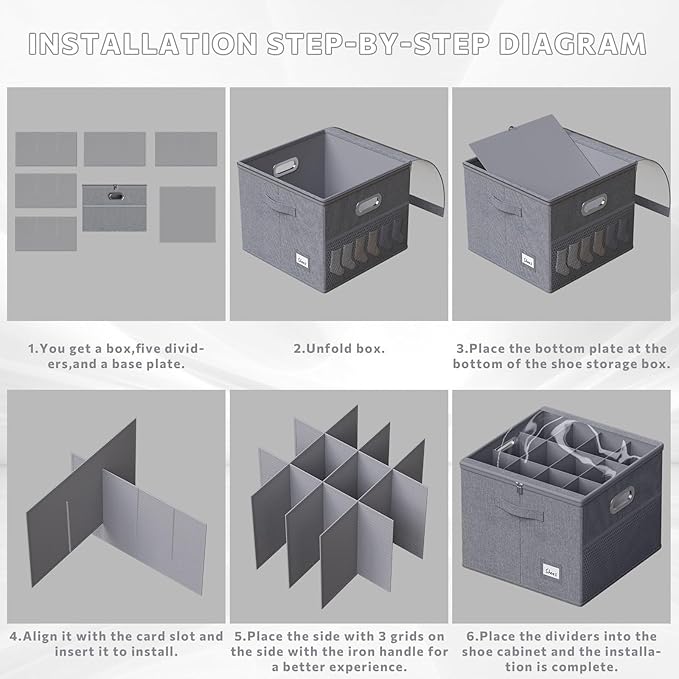 FHSQX Shoe Organizer for Closet,Fits 12 Pair,Shoe Storage Bins with Clear Cover & Adjustable Dividers for Shoes,Shoe Box Storage for Handbags,Blankets,Linen,Clothing (Grey, (16.5 * 16.5 * 13) x1)