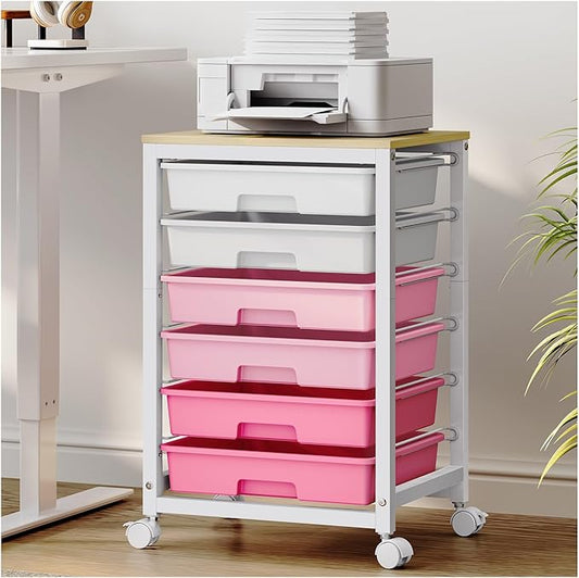 Utility Cart With 6 Drawers and Wooden Tabletop, Storage Cart on Wheels for Office, Classroom, Bathroom, Bedroom - Pink