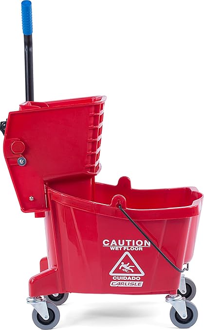 Carlisle FoodService Products 26-Quart Commercial Mop Bucket with Side-Press Wringer, Precision-Molded Polypropylene, Durable Wringer, Bucket with Non-Marking Casters, 18.5 x 16.5 x 23 Inches, Red