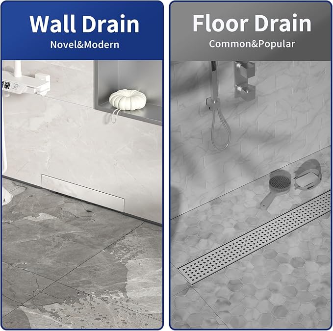 Linear Wall Drain 36’’, 304 Stainless Steel Side Drain w/Tiled Grate & Hair Strainer, Brushed Tiled Shower Drain for Bathroom, CUPC Certified