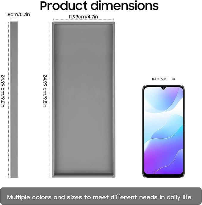 Vanity and Bathroom Tray, 9.8" ABS Countertop Organizer,Waterproof Vanity Tray for Toilet Tank,Perfume,Soap,Keys,Bathroom Accessories,Kitchen and Bath Trays,Non Slip Small Trays,Gray