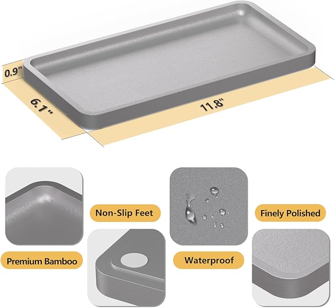 Weenson Bathroom Vanity Tray for Perfume Makeup Jewelry Decor Candle, Bamboo Kitchen Tray for Soap Dispenser Spice, Coffee, Toilet Tank Tray Nightstand Silver 11.81”L x 6.1”W x 0.79”H