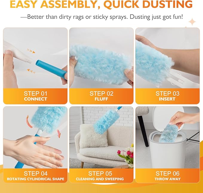 Thickened 60ct 360° Heavy Duty Duster Refills Kit for Swiffer Duster, 4X Dust Capture Power, Multisurface Disposable Dusters for Cleaning Home & Office, 1 3ft Extended & 1 Short Handle