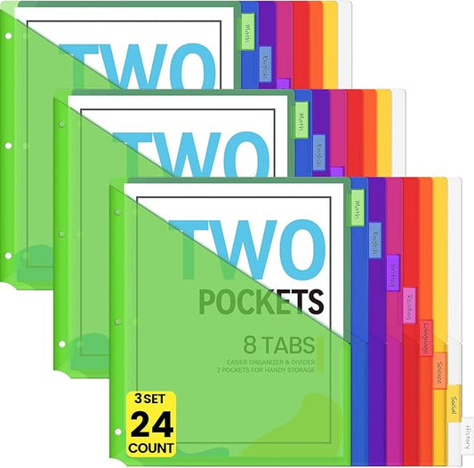 Sooez 24 Count Dividers with Pockets, 8 Tabs Binder Dividers for 3 Ring Binders, Binder Dividers with tabs, Binder Divider with Pockets for US Letter Size, Insertable Big Tabs, Multicolor, 3 Sets