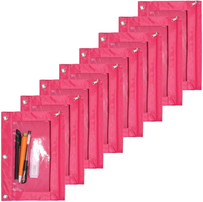 Zippered Pen Pencil Binder Pouch 3 Rings with Clear Window for School Classroom Organizers 8 Pcs (Rose red)