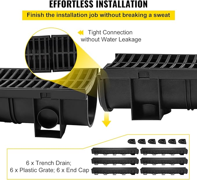 VEVOR Trench Drain System with Plastic Grate, 5.9x5.1-Inch HDPE Channel Drainage for Garden, Driveway - 6 Pack