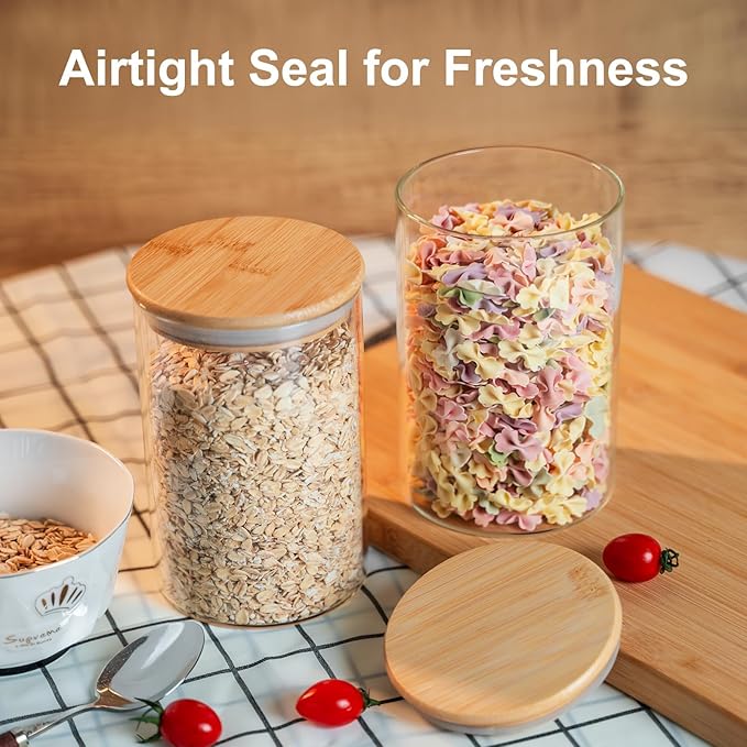 YUNCANG Glass Food Storage Jars 50oz [Set of 6],Clear Glass Food Storage Containers with Airtight Bamboo Lid Stackable Kitchen Canisters for Candy,Cookie,Rice,Sugar,Flour,Pasta