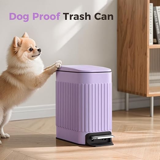 TrashAid Slim Bathroom Trash Can with Lid Soft Close, 6 Liter/1.6 Gallon Stainless Steel Small Garbage Can with Removable Inner Bucket, Step Pedal, Slim Wastebasket for Toilet, Office, Bedroom, Purple
