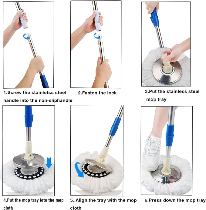 Mop and Bucket Set, 360° Spin Mop and Bucket with Wringer Set and 3 Microfiber Mop Refills, Stainless Steel 61'' Extended Handle Spinning Mop Bucket System for Floor Cleaning