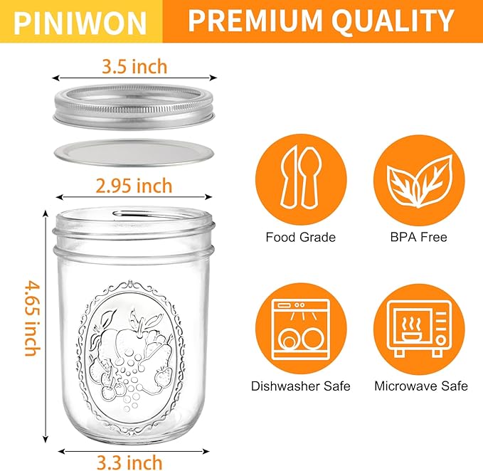 Wide Mouth Mason Jars 16 oz with Airtight Lids and Bands, 6 Pack Canning Jars, Clear Glass Pint Jars for Canning, Fermenting, Pickling, Meal Prep, Overnight Oats