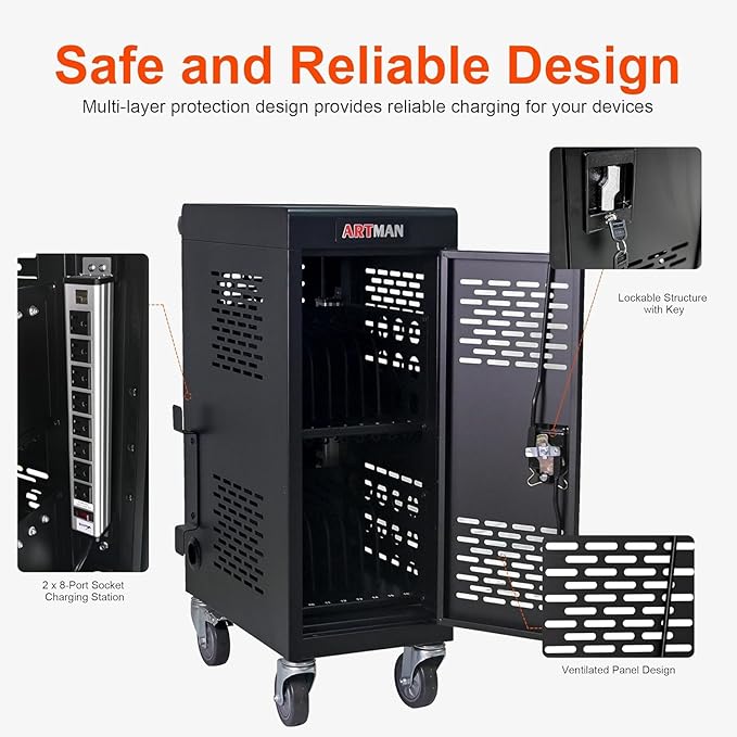 16 Devices Laptop Charging Cart,Tablet Storage Carts for pad Up to 16.3" Screen Size, Classroom Computer Mobile Charging Station for Pads, Chromebooks,Laptops, Security Storage(16 Bay-Black)