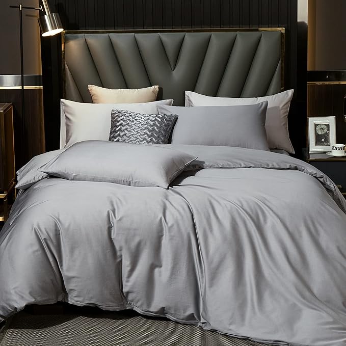 MooMee Duvet Cover Set 100% Extra Long Staple Cotton 600 Thread Count Silky Sateen Smooth Luxury Soft Breathable Durable Hotel Quality Bedding, 3 Pieces (Light Gray, King 104"x90")