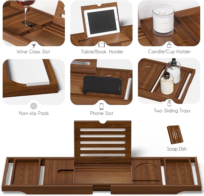 Wooden Bathtub Tray for Luxury Bathroom, Expandable Premium Teak Bath Tray, Adjustable Bath Accessories for Tub, as Unique Housewarming, Holiday, Birthday Gifts
