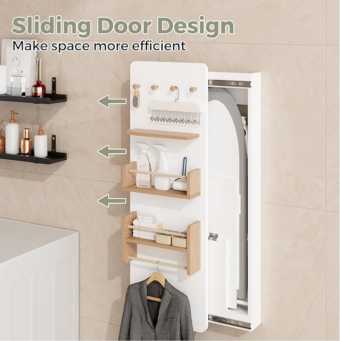 Wall Mounted Ironing Board Cabinet with Storage, Foldable Wall Ironing Board with Sliding Door, Wall Mount Space Saving Ironing Station for Laundry Room, Living Room, Entrance