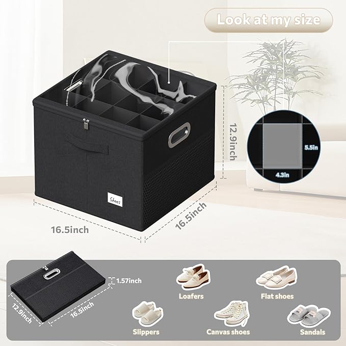 FHSQX Shoe Organizer for Closet,Fits 12 Pair,Shoe Storage Bins with Clear Cover & Adjustable Dividers for Shoes,Shoe Box Storage for Handbags,Blankets,Linen,Clothing