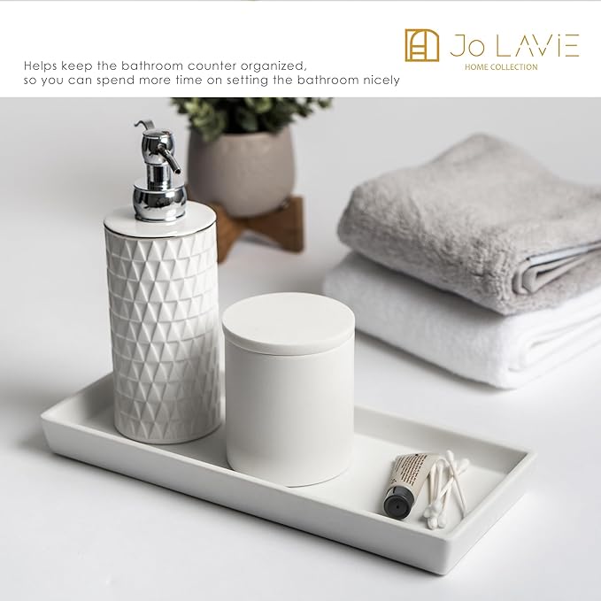 White Bathroom Tray - 12x5'' Resin Tray for Bathroom Countertop, Kitchen Vanity Tray & Dish Soap Tray for Kitchen Counter - Ideal Also as Jewelry, Perfume & Napkin White Vanity Tray