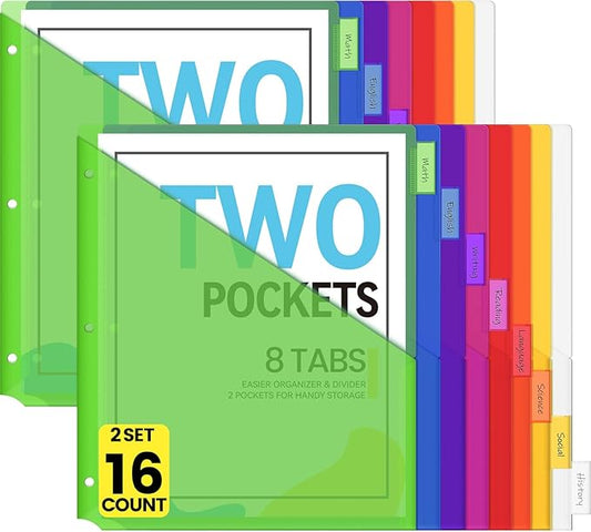 Sooez 16 Count Dividers with Pockets, 8 Tabs Binder Dividers for 3 Ring Binders, Binder Dividers with tabs, Binder Divider with Pockets for US Letter Size, Insertable Big Tabs, Multicolor, 2 Sets