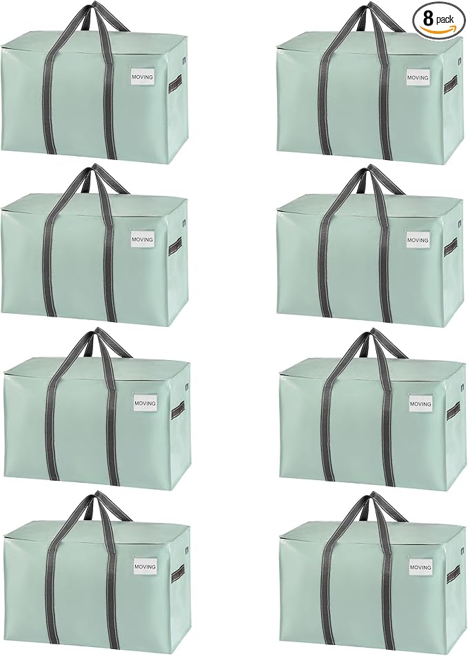 VENO 8 Pack Moving Bags, Heavy Duty, Moving Boxes Alternative, Packing Storage Supplies for Dorm Room Essentials with Zipper for Clothes, Extra Large Totes for Packaging (Shiny Light Green, 8 Pack)
