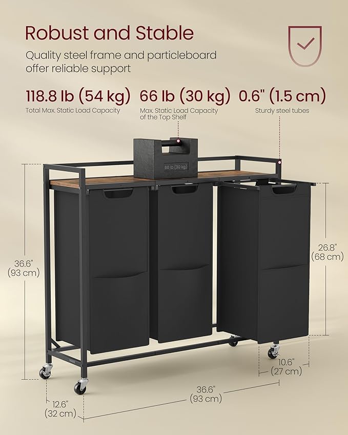 VASAGLE Laundry Sorter, 43.5 Gal. (165 L) Laundry Hamper Basket with 3 Compartments, Rolling Cart with Wheels, Shelf, Removable Bags, Pockets, Ink Black and Rustic Brown UBLH031B01