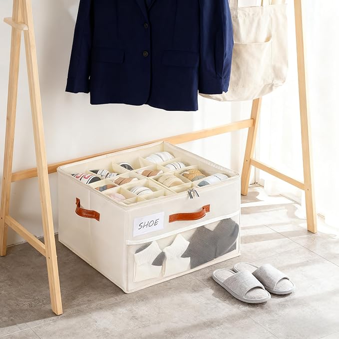 Shoe Organizer for Closet, Shoe Storage Box, Foldable Shoe Box with Adjustable Dividers and Clear Cover, Closet Shoe Organizer Fits up to 16-32 Pairs, Extra Storage Pocket for Socks (2 Pack)