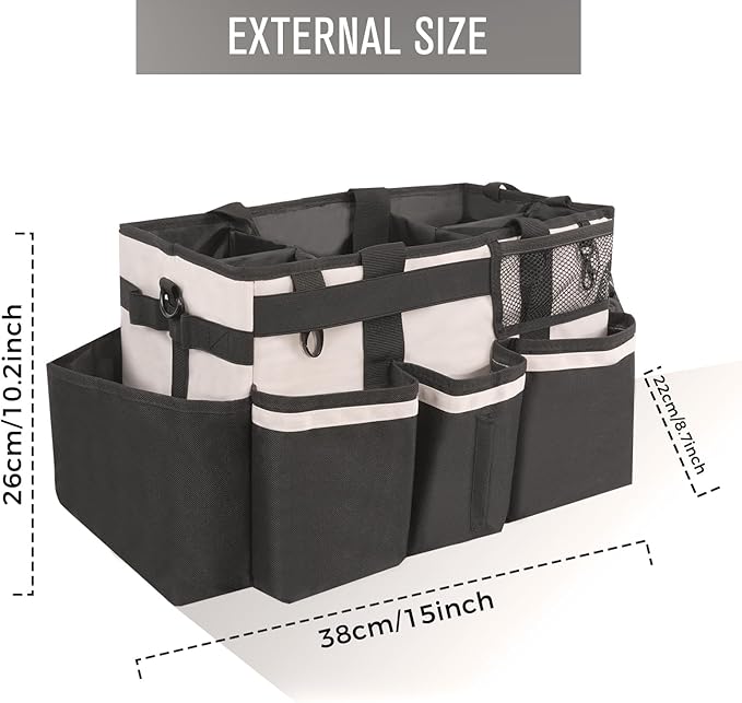 Wearable Cleaning Caddy, Cleaning Caddy Supplies Organizer with Handle & Shoulder Straps for Housekeepers, Under Sink & Car Cleaning Tool Organizers Bag with 4 Foldable Divider (Beige)