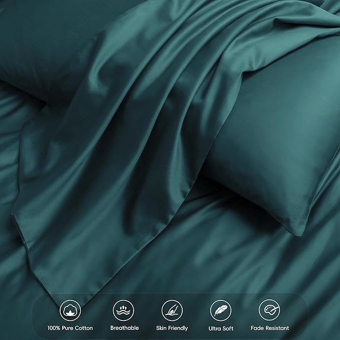 MooMee Duvet Cover Set 100% Extra Long Staple Cotton 600 Thread Count Silky Sateen Smooth Luxury Soft Breathable Durable Hotel Quality Bedding, 3 Pieces (Teal Green, King 104"x90")