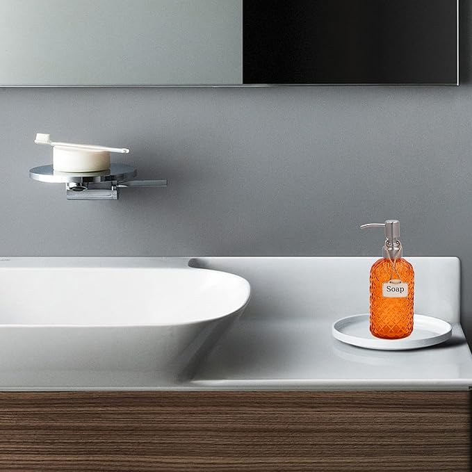 16 oz Diamond Pattern Glass Soap Dispenser, Kitchen and Bathroom Refillable Soap Dispenser with Rust Resistant Stainless Steel Pump for Hand Soap, Lotion Glass Liquid Dispenser (Orange)