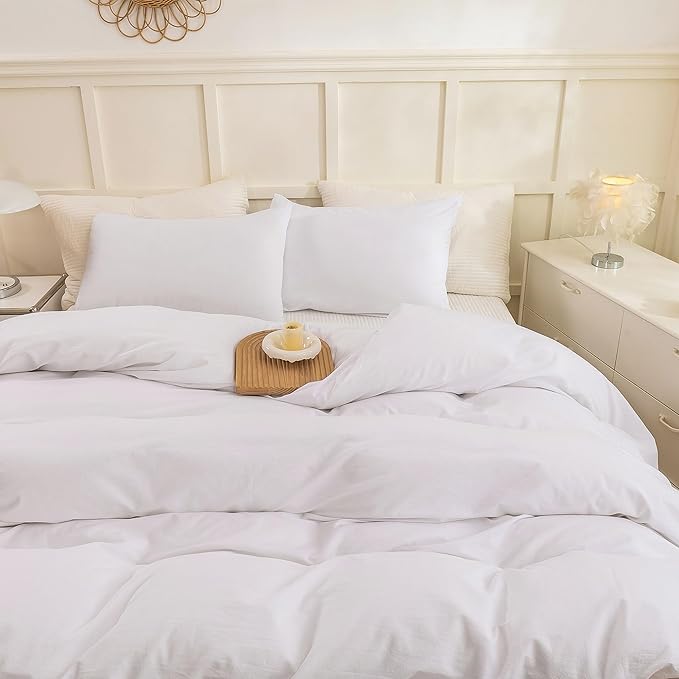 ECOCOTT White Duvet Cover Queen Size - 100% Washed Cotton Durable Soft Comfy Duvet Cover Set, Lightweight and Breathable with Zipper Closure & Corner Ties (White, 90''x90'')