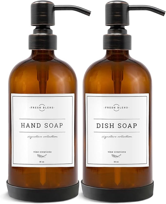 Vine Creations Amber Glass Soap Dispenser, 2 Pack Kitchen Soap Dispenser Set with Stainless Steel Pump, 16 oz Dish Soap and Hand Soap Dispensers for Bathroom with Waterproof Labels